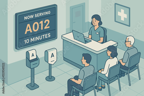 Caucasian adults waiting at clinic reception area with queue system display