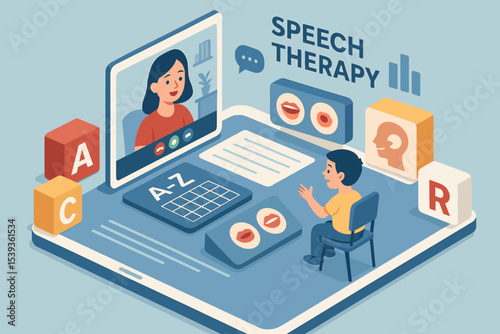 Young caucasian child engaged in virtual speech therapy session with female therapist
