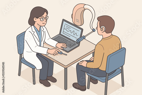 Asian female doctor adjusts cochlear implant for caucasian male adult patient