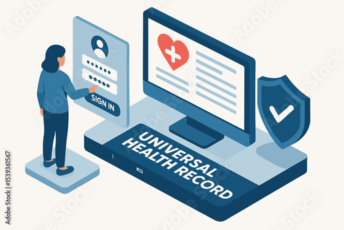 Asian female accessing universal health record securely on computer interface