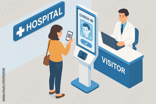 Female checking in at hospital kiosk with receptionist: modern healthcare interaction