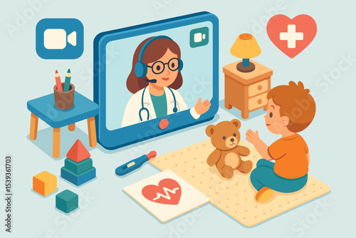 Child engages in online medical consultation with female doctor