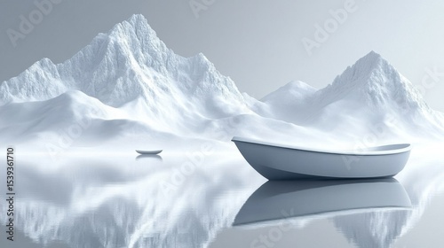 Abstract Snow Mountain with Boat on Water Surface Pixelated Scene