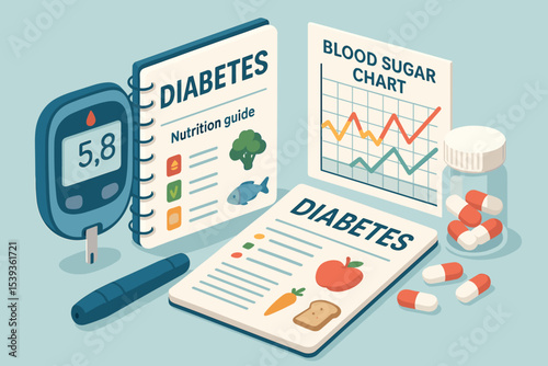 Diabetes management tools including nutrition guide and blood sugar chart with medication