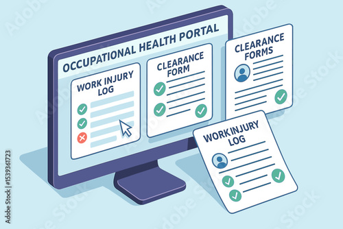 Digital occupational health portal interface with work injury logs and clearance forms displayed