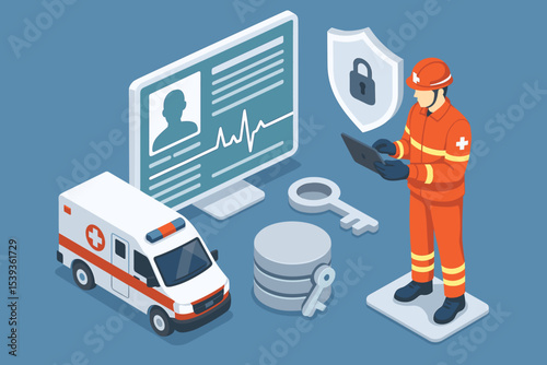 Emergency services digital security concept with paramedic and ambulance