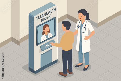 Male interacting with telehealth kiosk as female doctor assists in medical facility