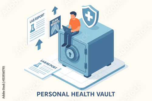 Male adult accessing personal health vault for secure medical data storage