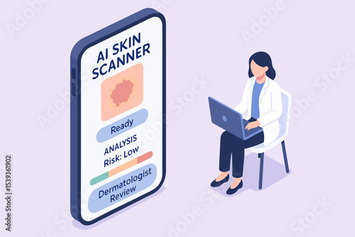 Ai skin scanner analysis with female dermatologist reviewing results on laptop