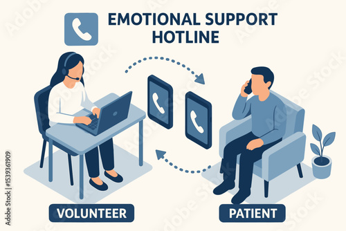 Emotional support hotline: female volunteer assisting male caller via phone