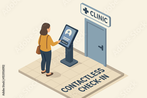 Female using contactless check-in kiosk at clinic entrance