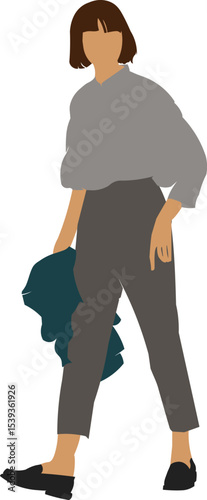 Modern Silhouette: a woman stands gracefully, showcasing her elegant outfit against an uncluttered canvas, emphasizing sophistication and minimalism. 