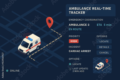 Ambulance real-time tracker interface with emergency coordination on dark map background