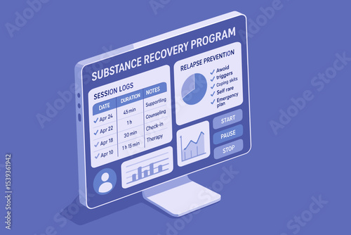 Substance recovery program dashboard on computer screen with session logs and prevention tips