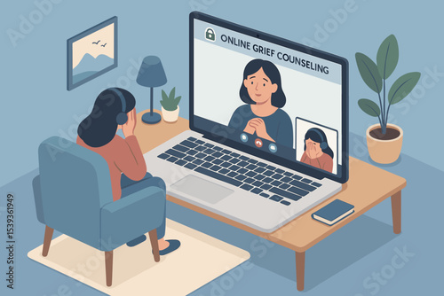 Online grief counseling: asian female therapist with young woman in emotional support session