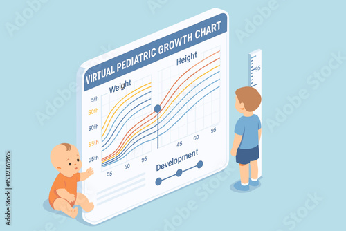 Virtual pediatric growth chart with caucasian male child and baby analyzing development