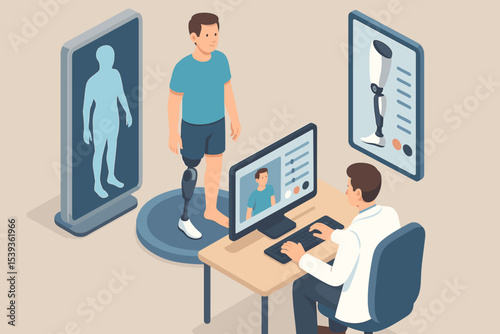 Young caucasian male in prosthetics consultation with doctor and digital imaging