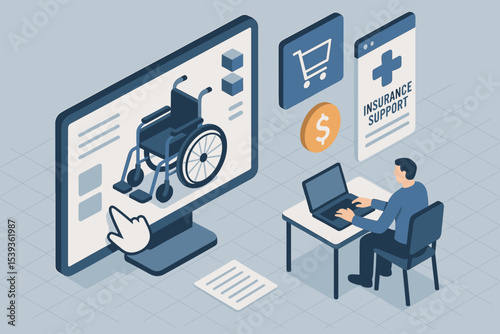 Online shopping for wheelchair and insurance support - isometric illustration