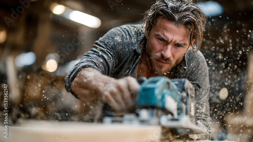 Crafting excellence woodworking artisan in workshop sawing precision industrial environment focused perspective