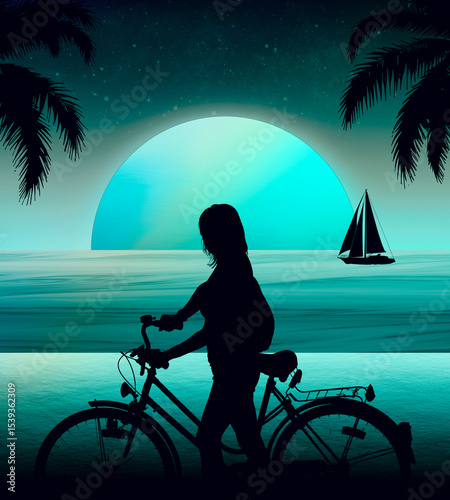 Chica ciclista paseando por la playa a la luz de la Luna