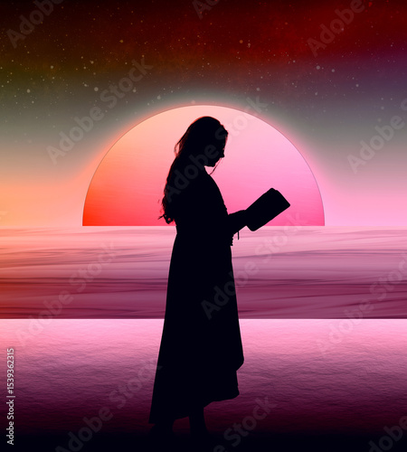 Una joven mujer leyendo un libro en la playa bajo la luz de la Luna.