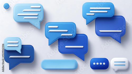 This illustration features a set of glossy blue 3D social media icons and speech bubble vectors, perfect for web communication and business network designs