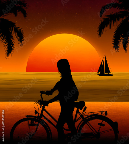 Chica ciclista paseando por la playa en el atardecer