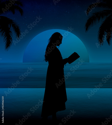 Una joven mujer leyendo un libro en la playa bajo la luz de la Luna.