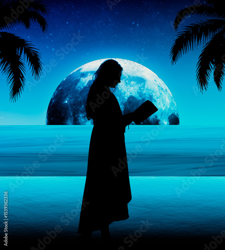 Una joven Monja leyendo la biblia a las orillas del mar a la Luz de la Luna.
