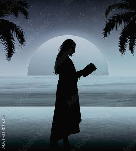 Una joven mujer leyendo un libro en la playa bajo la luz de la Luna.
