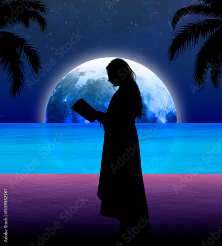 Una joven Monja leyendo la biblia a las orillas del mar a la Luz de la Luna.