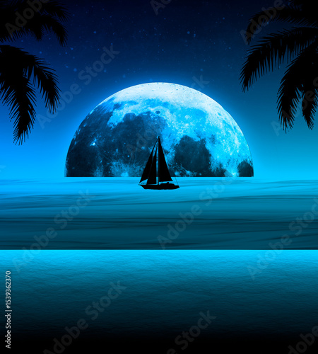 Toma de una playa tranquila y relajante mientras es de noche, mientras un velero posa frente la Luna