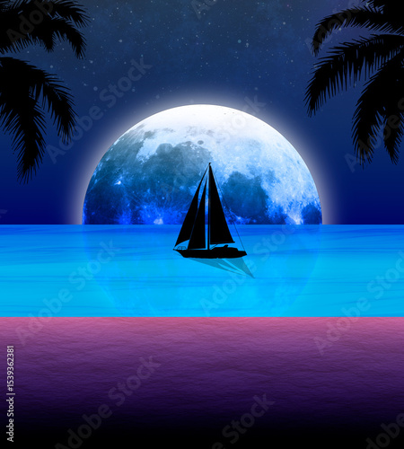 Toma de una playa tranquila y relajante mientras es de noche, mientras un velero posa frente la Luna