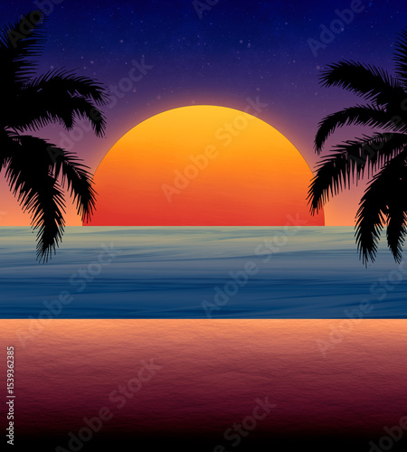 Toma de una playa tranquila y relajante mientras cae el Sol, provocando un bello atardecer tropical.