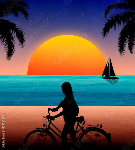 Mujer ciclista en un paseo tropical a las orillas de la playa, mientras esta el atardecer