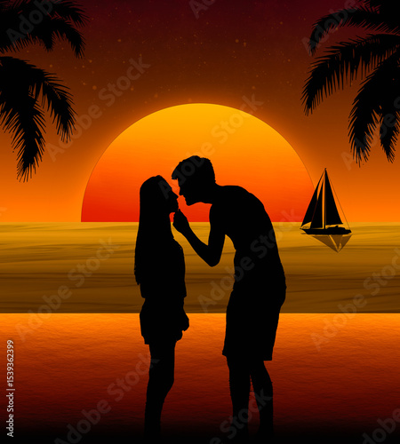 Una pareja de enamorados disfrutando el atardecer en la playa mientras demuestran su amor
