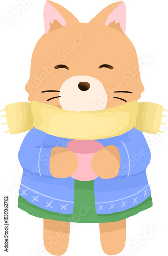 Cozy Fox with Hot Drink: An adorable cartoon fox, wearing a blue cardigan and yellow scarf, holds a warm drink, radiating coziness and warmth.