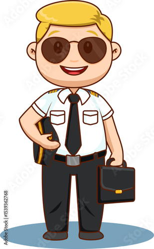 Confident Aviator: A cheerful aviator with stylish sunglasses, impeccably dressed, embodying the spirit of flight and adventure with a charming smile. 
