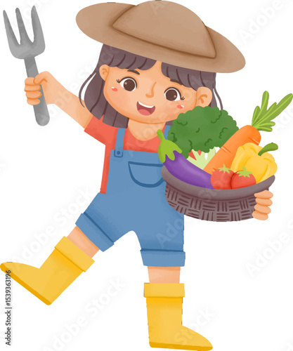 Harvest Joy: An illustrated vibrant girl, adorned in a hat and holding a basket of fresh vegetables, radiates a cheerful spirit while holding a fork, a symbol of farm abundance. 