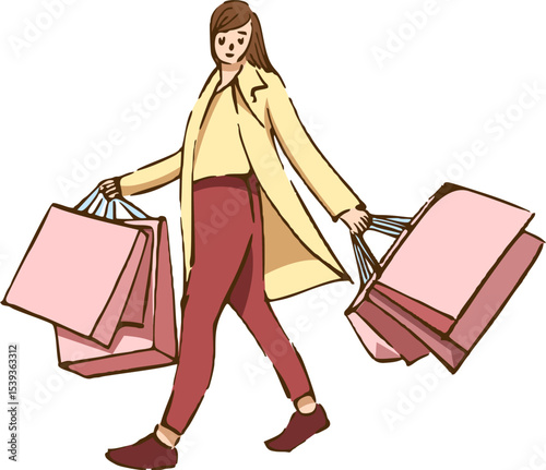 Shopping Spree: A fashionable woman strides confidently, arms laden with vibrant shopping bags, epitomizing retail therapy. A symbol of fashion and lifestyle.