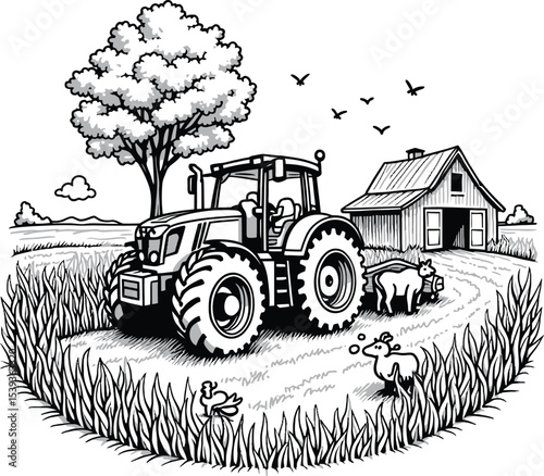 Farm scene tractor vector silhouette drawing for coloring page Black and white sketch of rural landscape with barn animals and birds