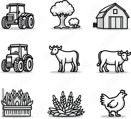 Cartoon farm and agriculture vector silhouette icon set Black and white outline drawings of tractor barn tree cow and chicken