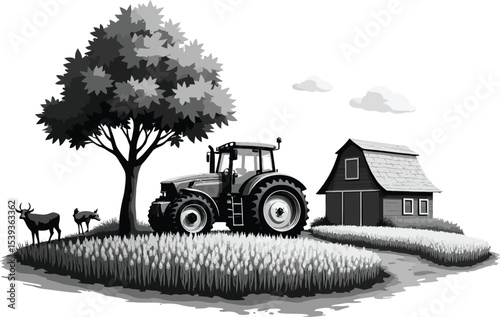 Greyscale farm and nature scene vector silhouette illustration Detailed tractor barn tree and deer in a rural agriculture landscape drawing