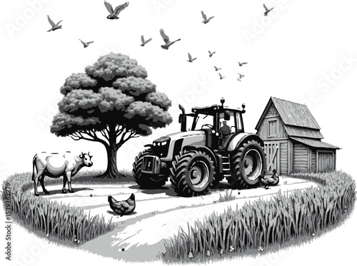 Greyscale farm scene vector silhouette illustration Detailed tractor barn tree and animals like cow chicken birds in a rural agriculture landscape