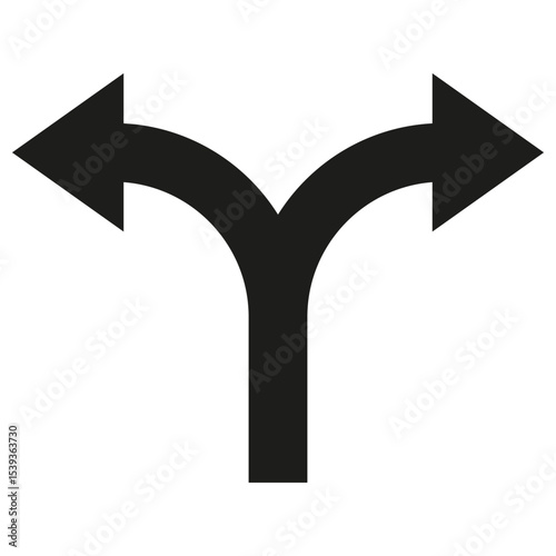 Split turn icon. Left right direction. Black arrow vector. Navigation choice sign.