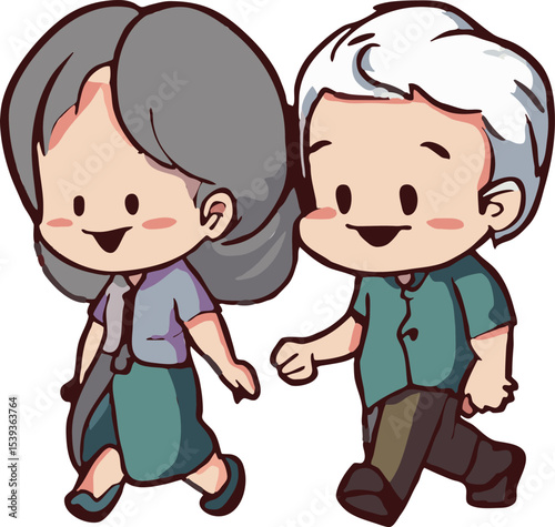 Together Through Life's Journey: A heartwarming illustration capturing the tender bond of elderly couple strolling in unity, symbolizing love, companionship, and the beauty of shared life experiences.