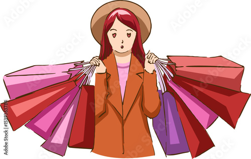 Shopping Spree Delight: A woman basks in the joy of shopping, her arms laden with vibrant shopping bags as she smiles and prepares to continue her shopping experience.