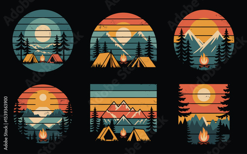 Camping tents and campfire in a retro mountain landscape design