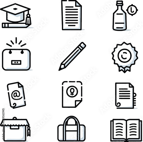 Education and office vector silhouette outline icon set Black and white doodle symbols of graduation cap book pencil document for school and business