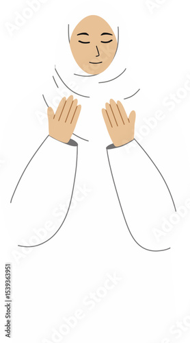 Prayerful Devotion: A serene illustration of a person in white attire with hands raised in prayer, embodying tranquility and reflection.